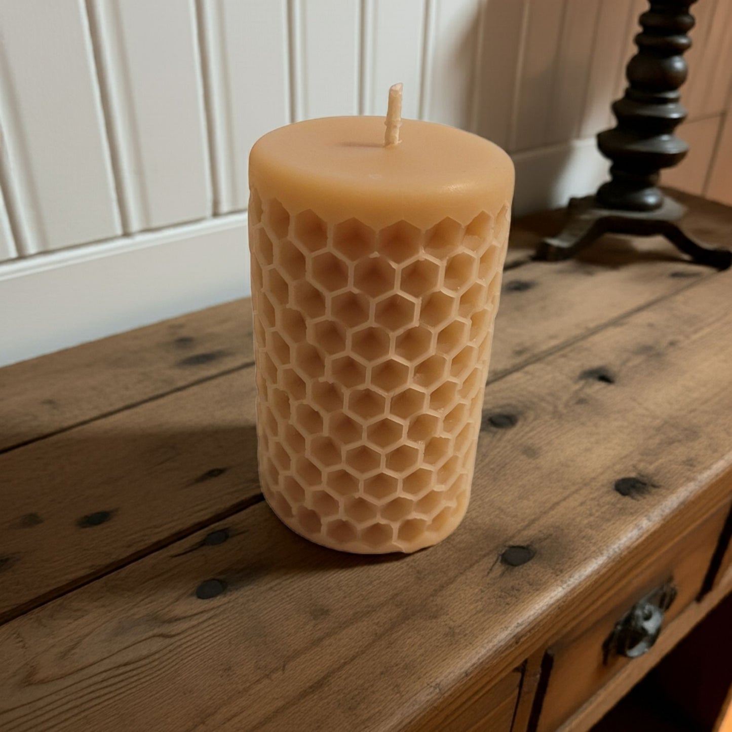 Pure beeswax large pillar candle with honeycomb pattern, clean burn and subtle honey aroma