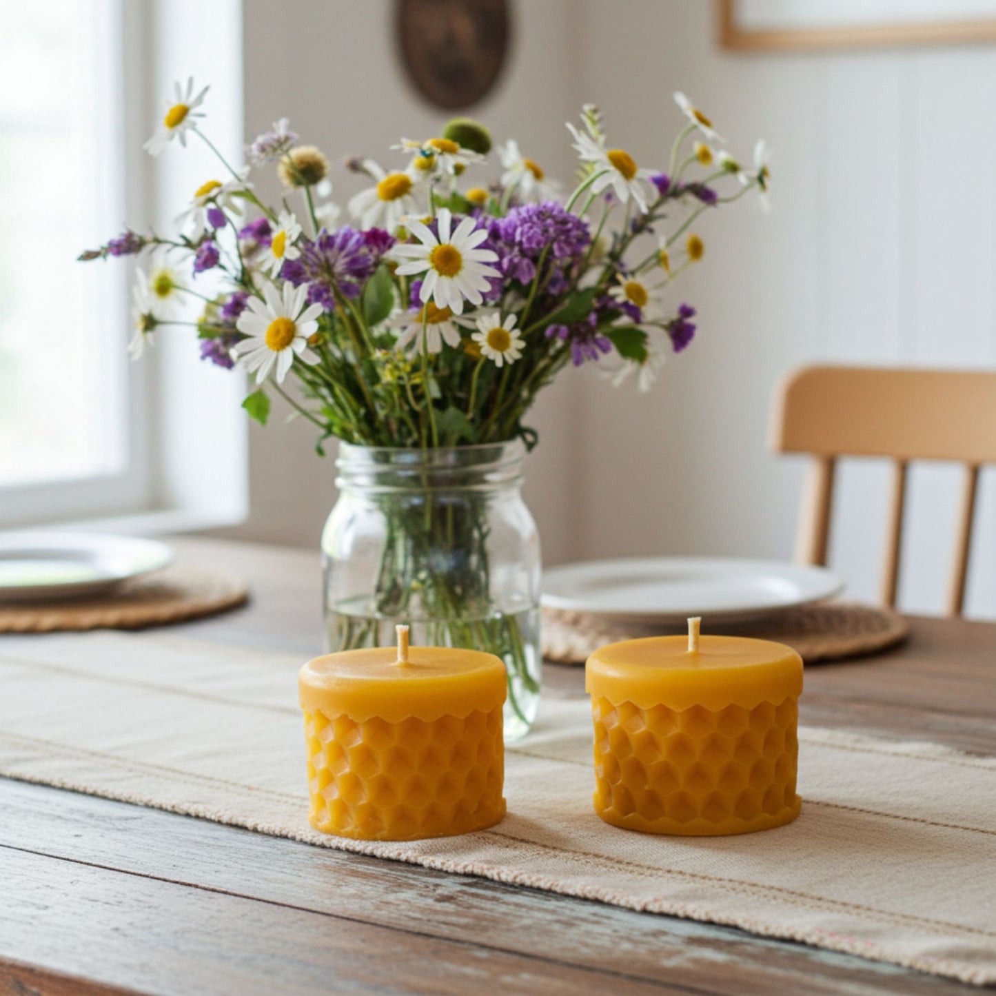 Two honeycomb-patterned candles on a table with a vase of flowers in the background.
