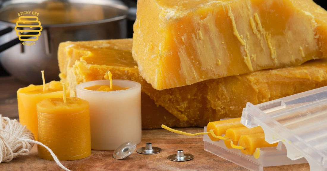 A photo of some beeswax and beeswax candles.