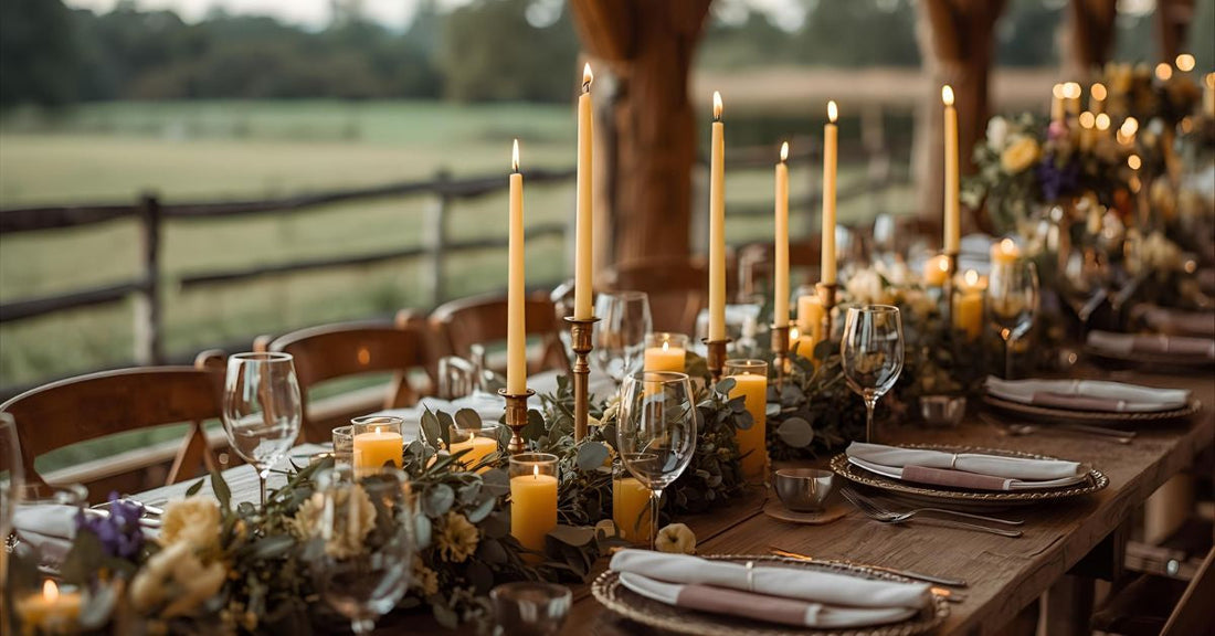 An outdoor photo showing off a rustic country style table full of beeswax candles and decor 