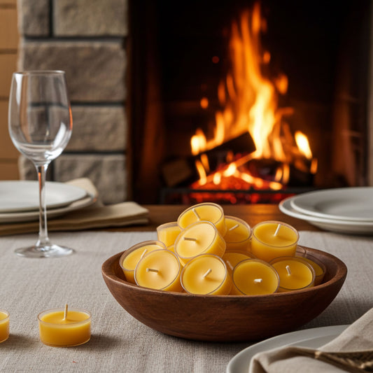 Wooden bowl filled with small yellow candles on a table in front of a fireplace.