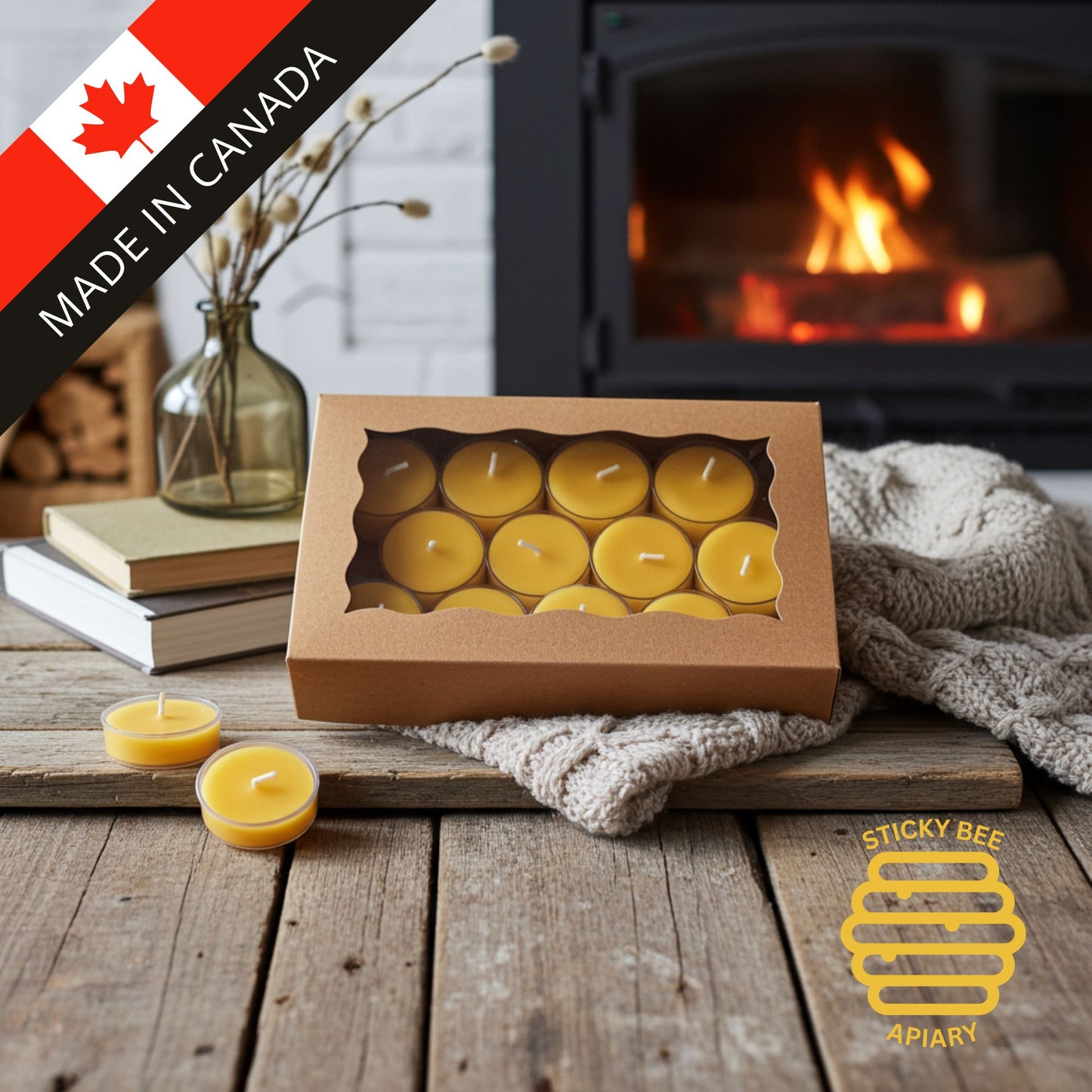 24-pack pure beeswax tealight candles hand-poured in Canada by Sticky Bee Apiary, clean-burning