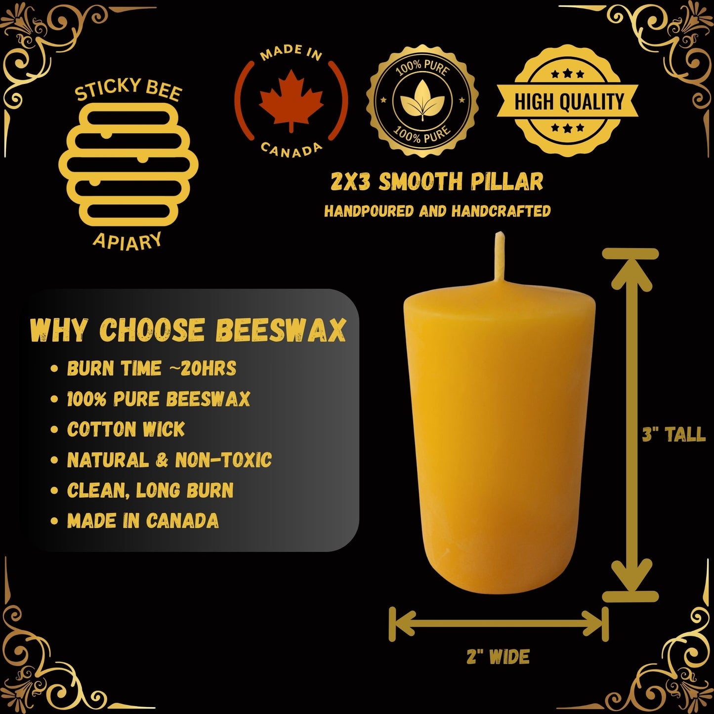Beeswax smooth pillar candle with product details on a black background