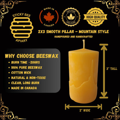 Beeswax candle with product details on a black background