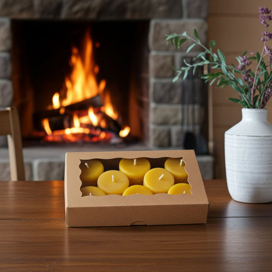 Box of yellow candles on a wooden table with a fireplace in the background