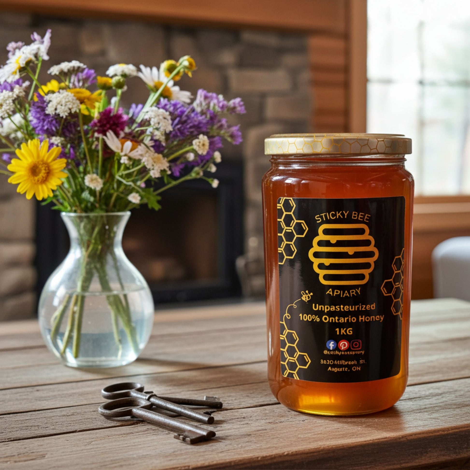 Jar of honey from Sticky Bee Apiary on a wooden table with flowers and keys in the background.