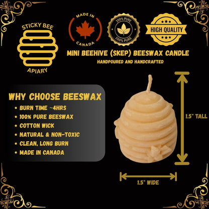 Beeswax beehive candle with product details and branding on a black background
