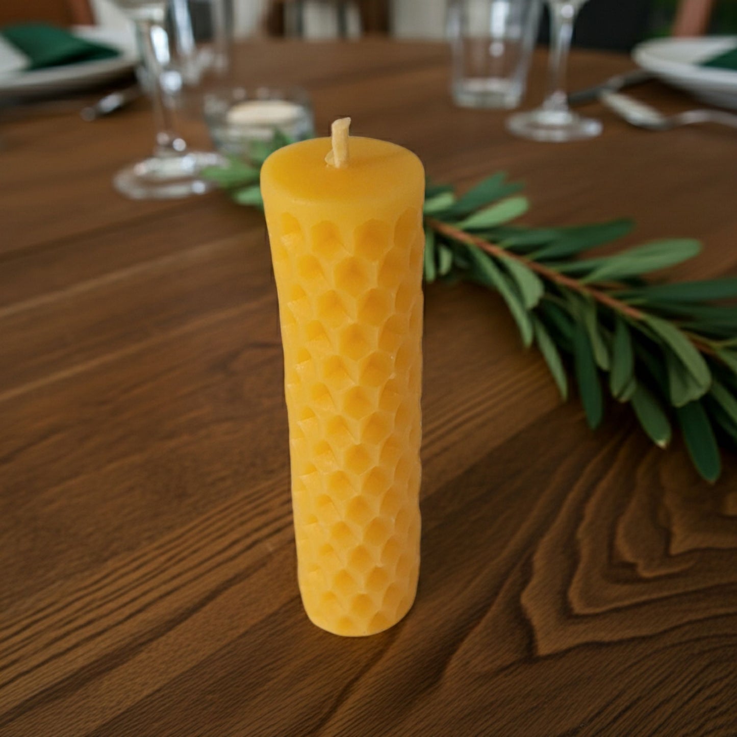 Natural golden beeswax honeycomb pillar candle, clean-burning and non-toxic, handmade in small batches in Canada