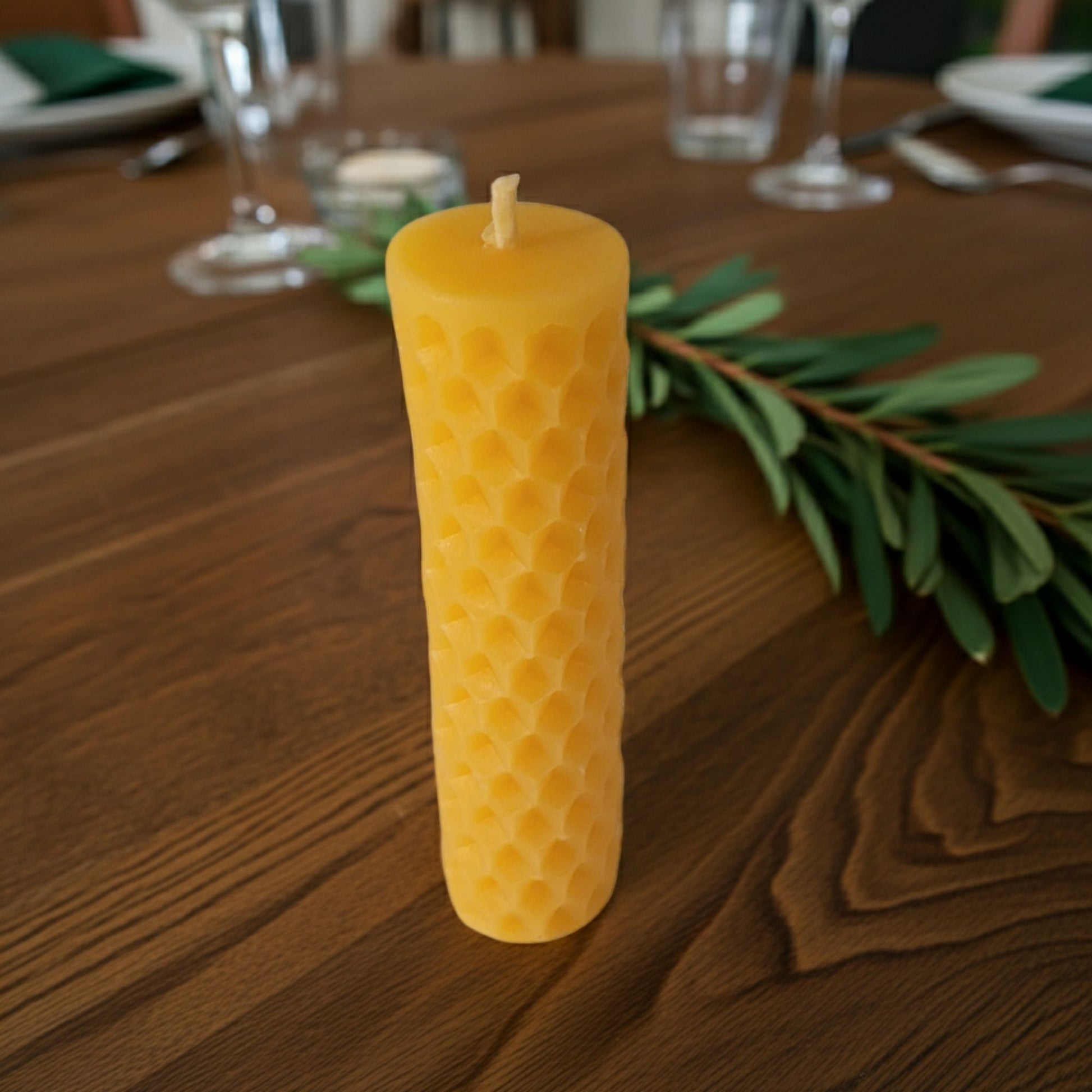 Natural golden beeswax honeycomb pillar candle, clean-burning and non-toxic, handmade in small batches in Canada