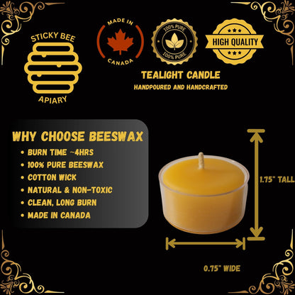 Beeswax tealight candle with branding and product details on a black background