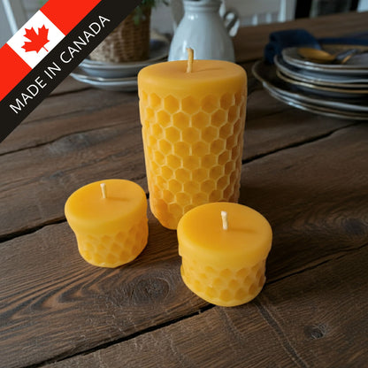 Honeycomb beeswax candle trio gift set, three sizes hand-poured in Ontario Canada by Sticky Bee Apiary