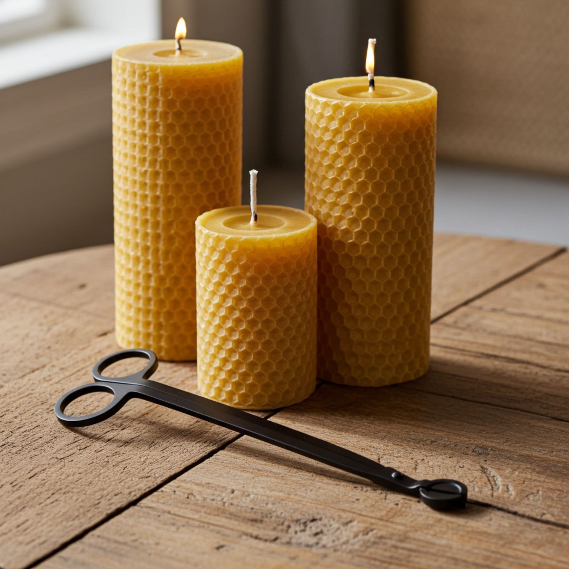 Three honeycomb-patterned beeswax candles on a wooden surface with a pair of black wick trimmers.