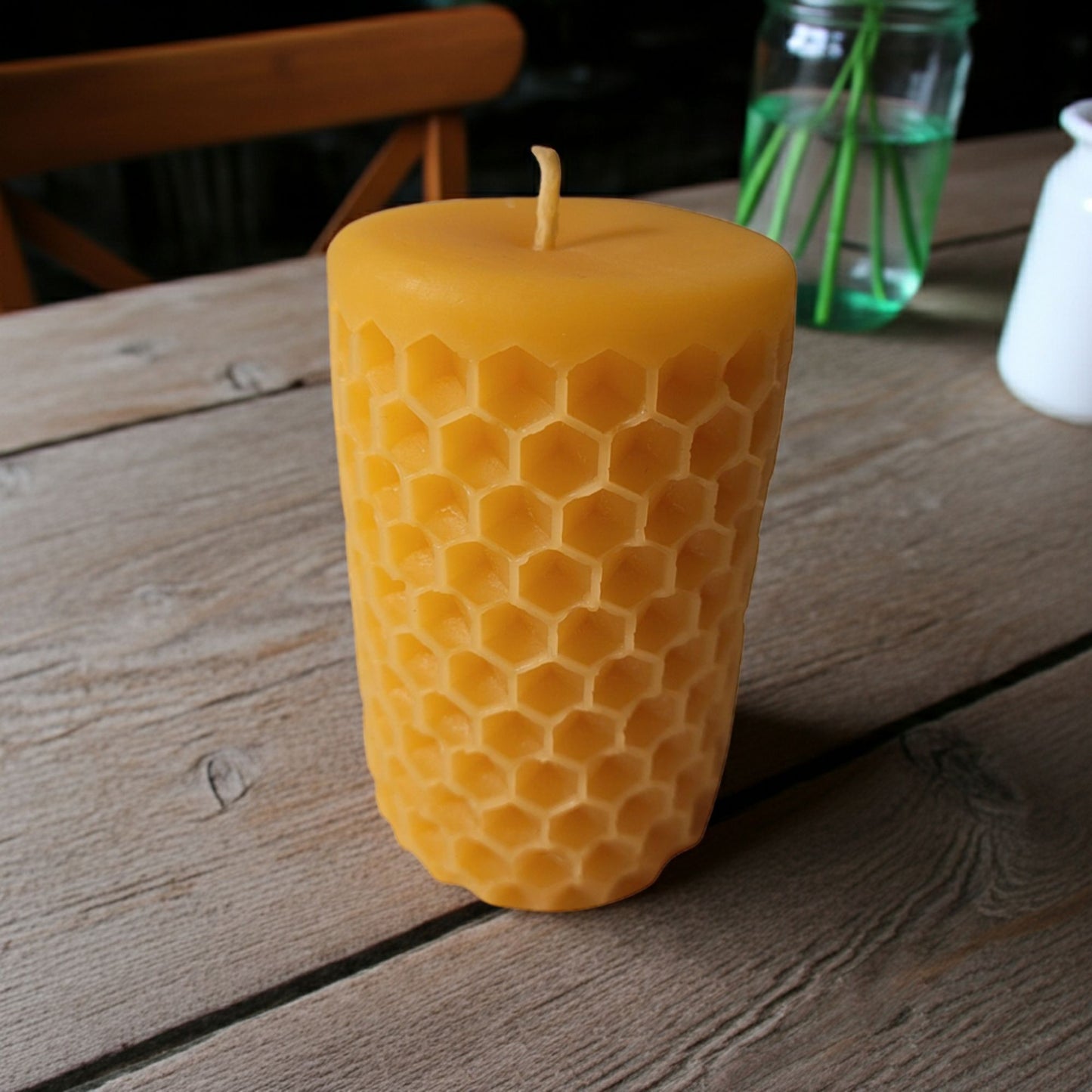 Handmade natural beeswax pillar candle bundle in small, medium and large, clean-burning and non-toxic