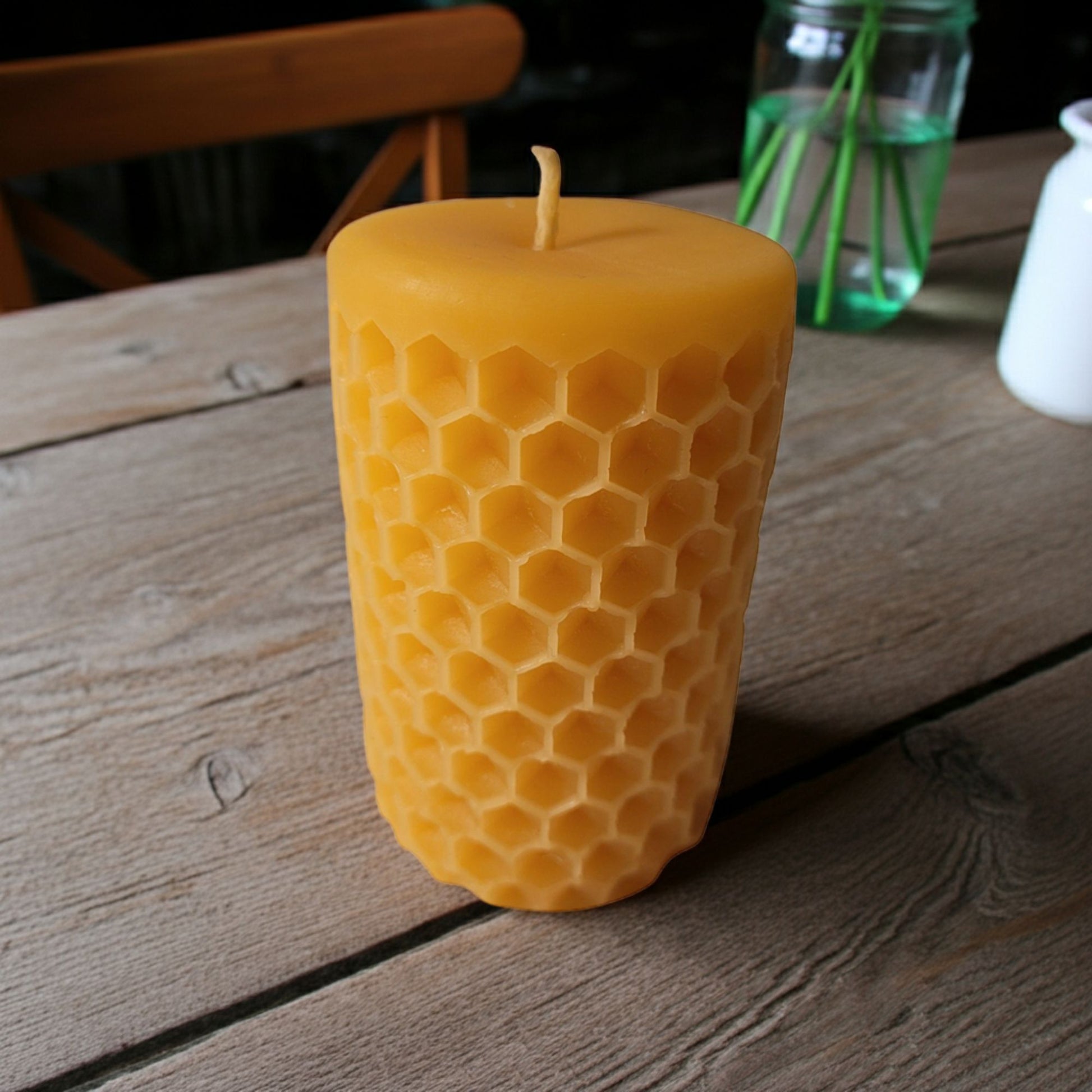 Handmade natural beeswax pillar candle bundle in small, medium and large, clean-burning and non-toxic