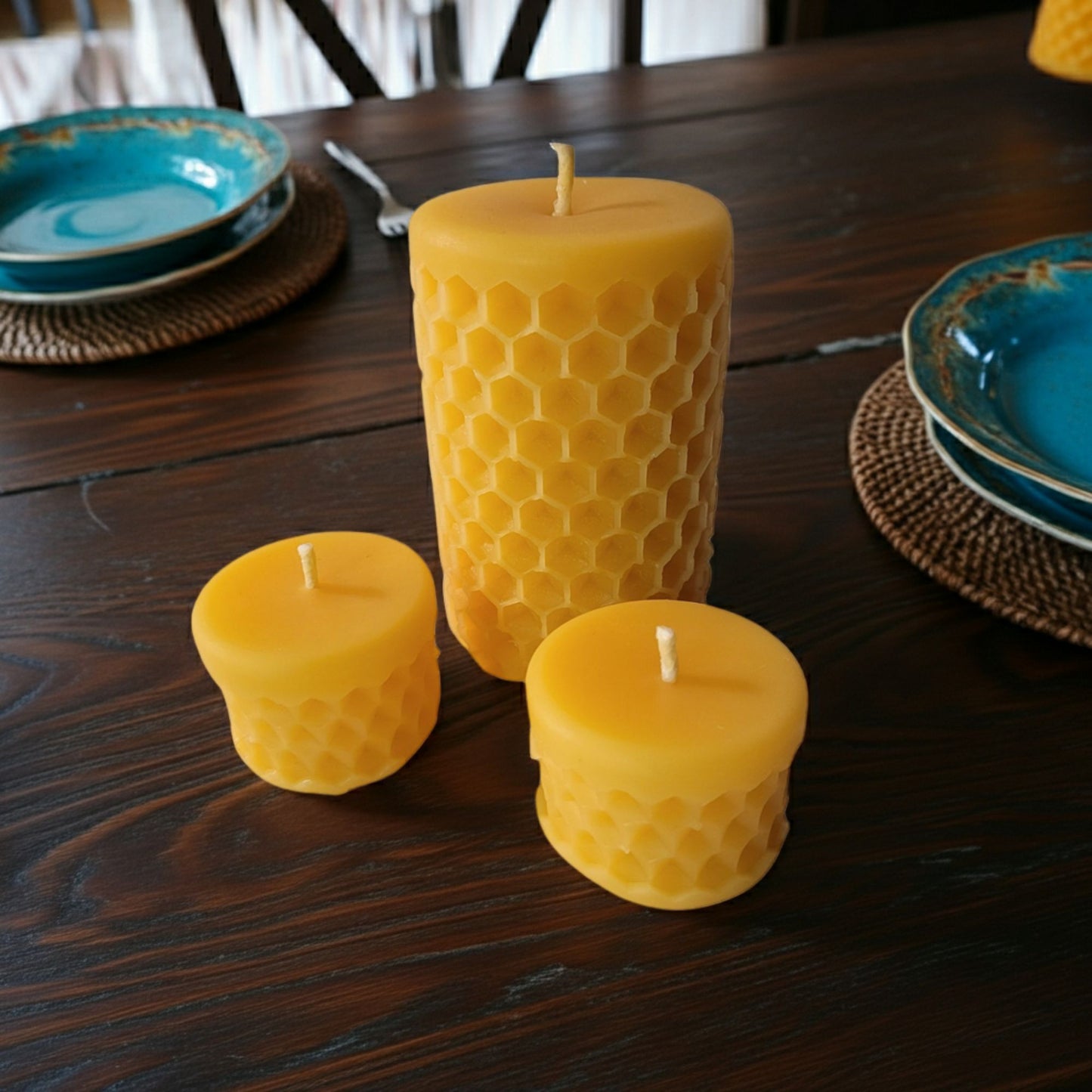 Handcrafted Canadian beeswax honeycomb candles in three sizes, perfect as a natural home decor gift set