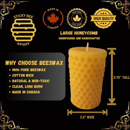 Large honeycomb style Beeswax candle with branding and product details on a black background