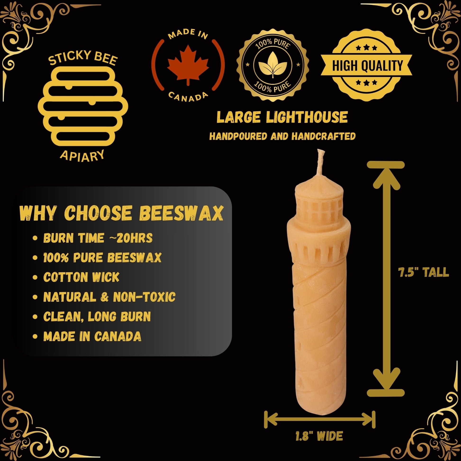 Pure beeswax lighthouse candle with branding and product details on a black background