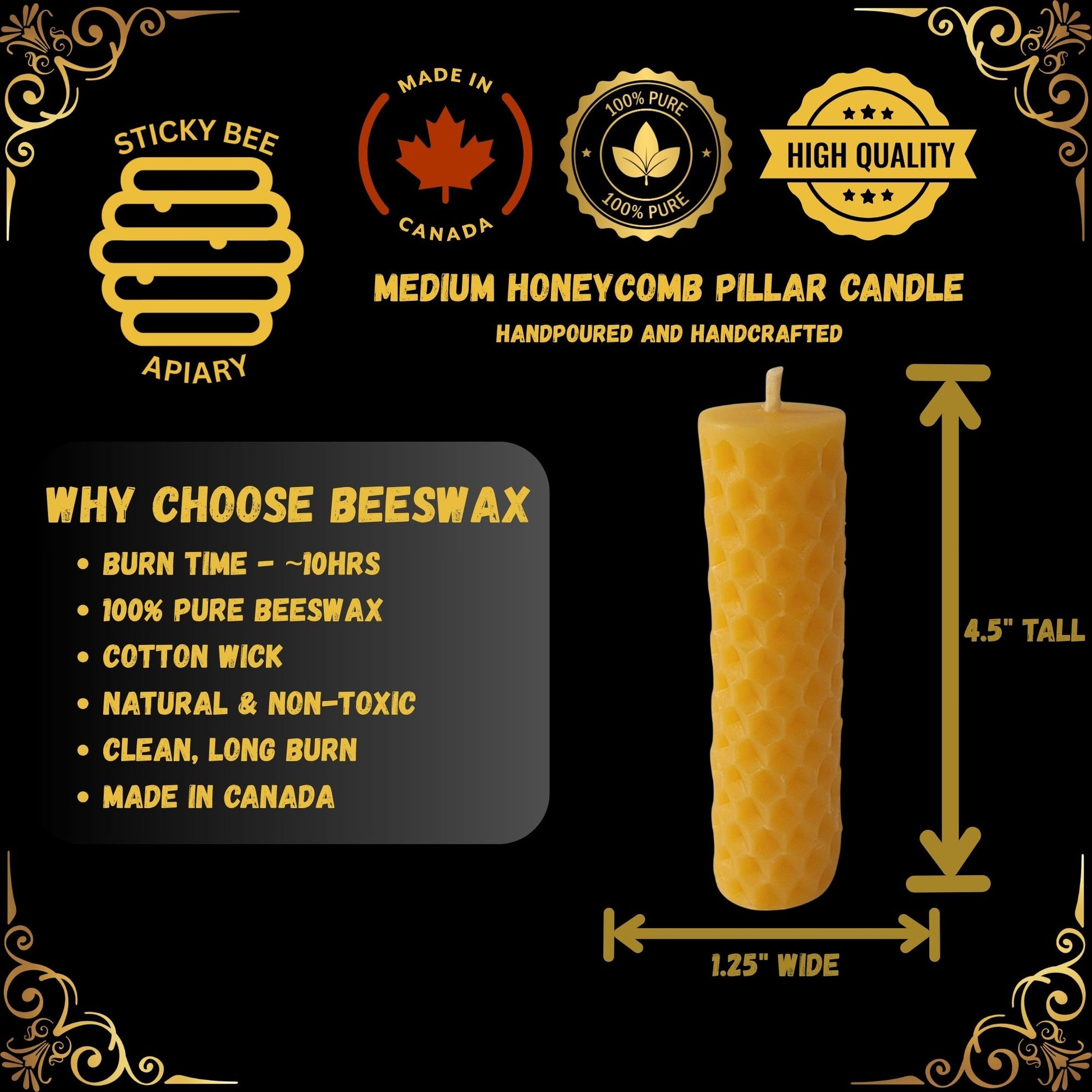 Medium honeycomb beeswax pillar candle showing textured detail, 100% pure Canadian beeswax, 4.5 inches tall