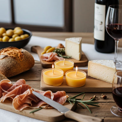 Table setting with bread, cheese, cured meats, candles, and wine.
