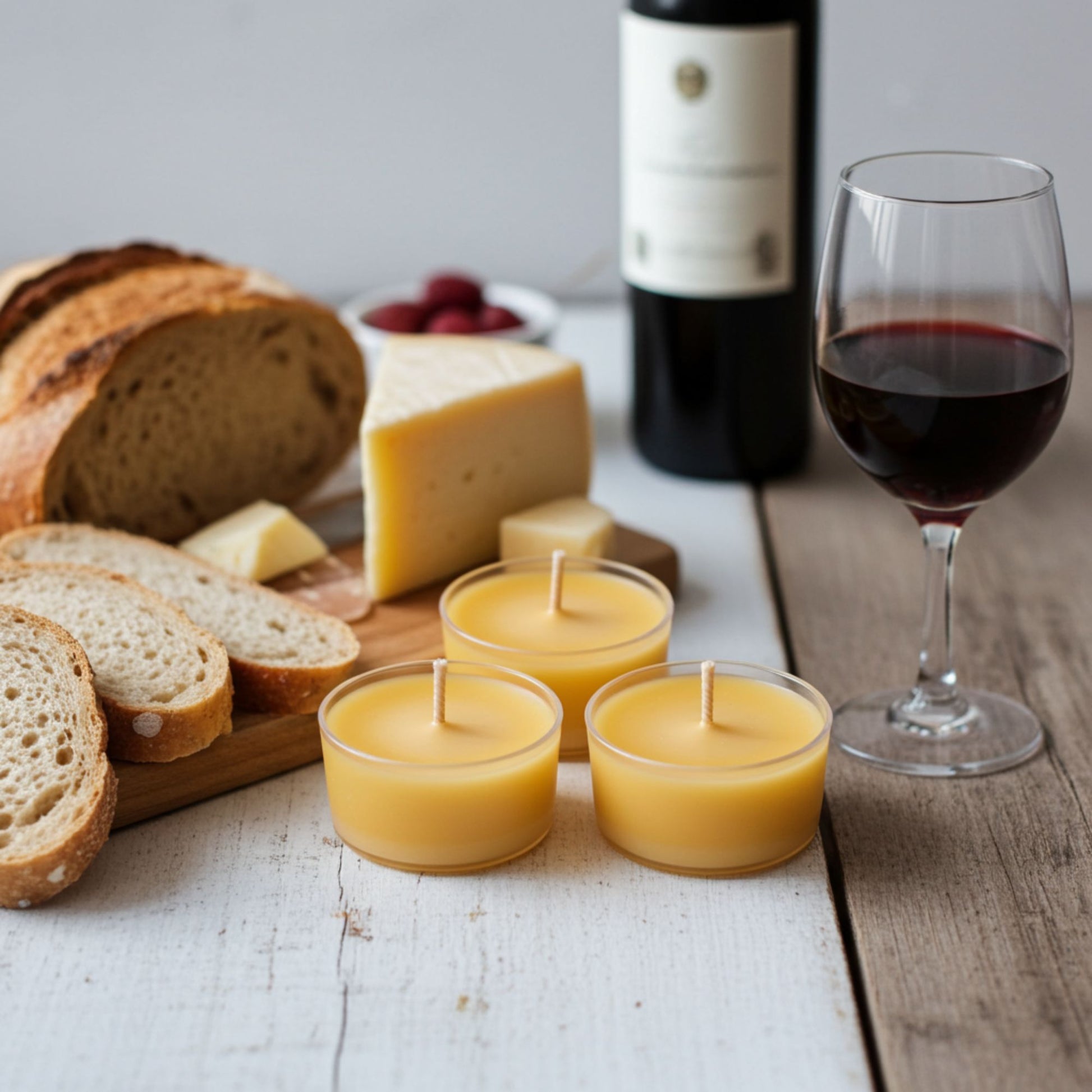 Three small candles with wooden sticks, a loaf of bread, a block of cheese, a bottle of red wine, and a glass of red wine on a wooden table.