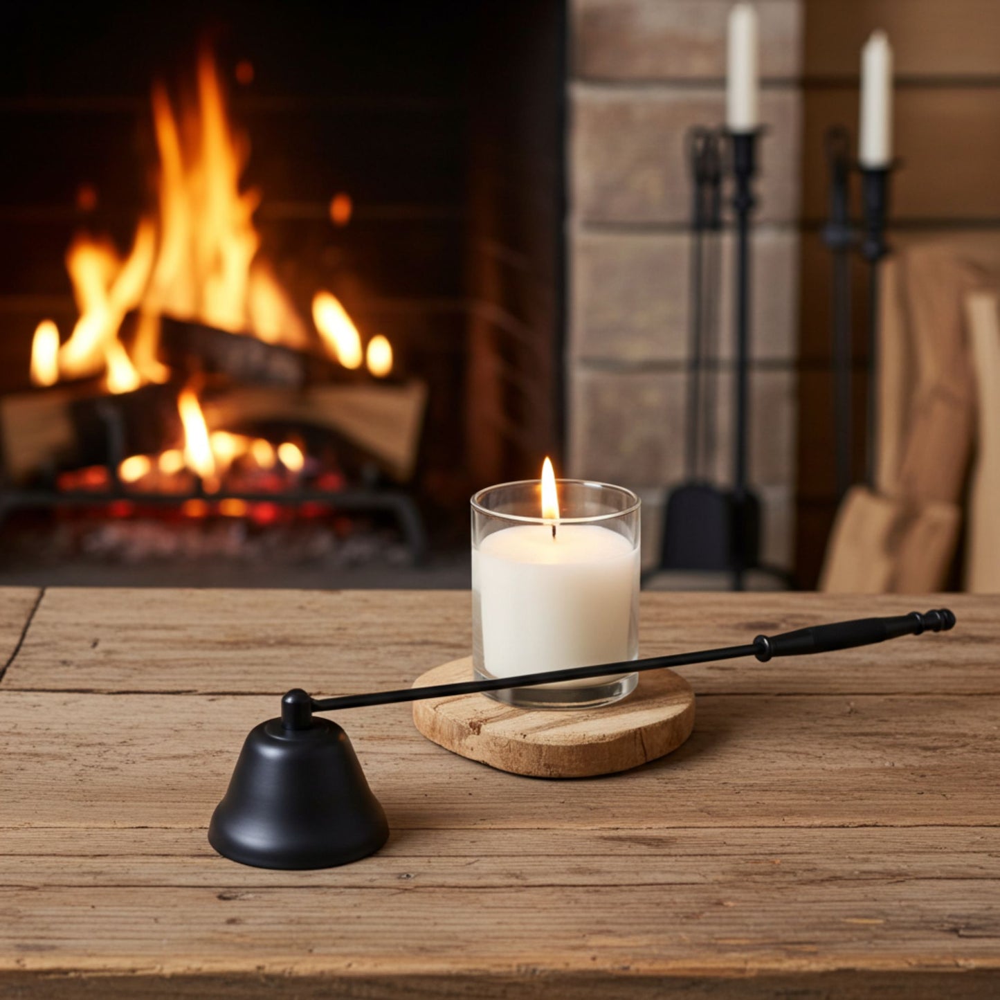 Candle and candle snuffer on a wooden table with a fireplace in the background