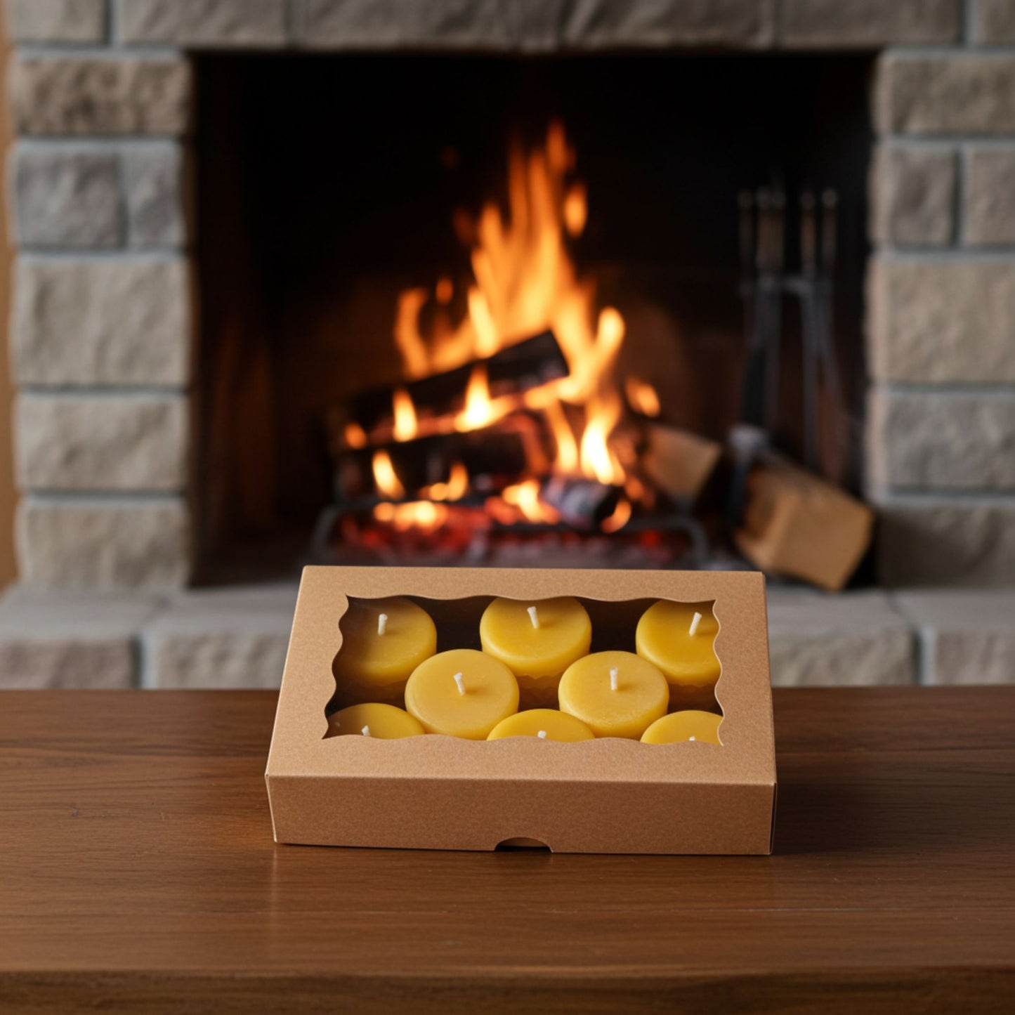 Textured yellow beeswax honeycomb tealight candles in a warm table setting, natural honey aroma