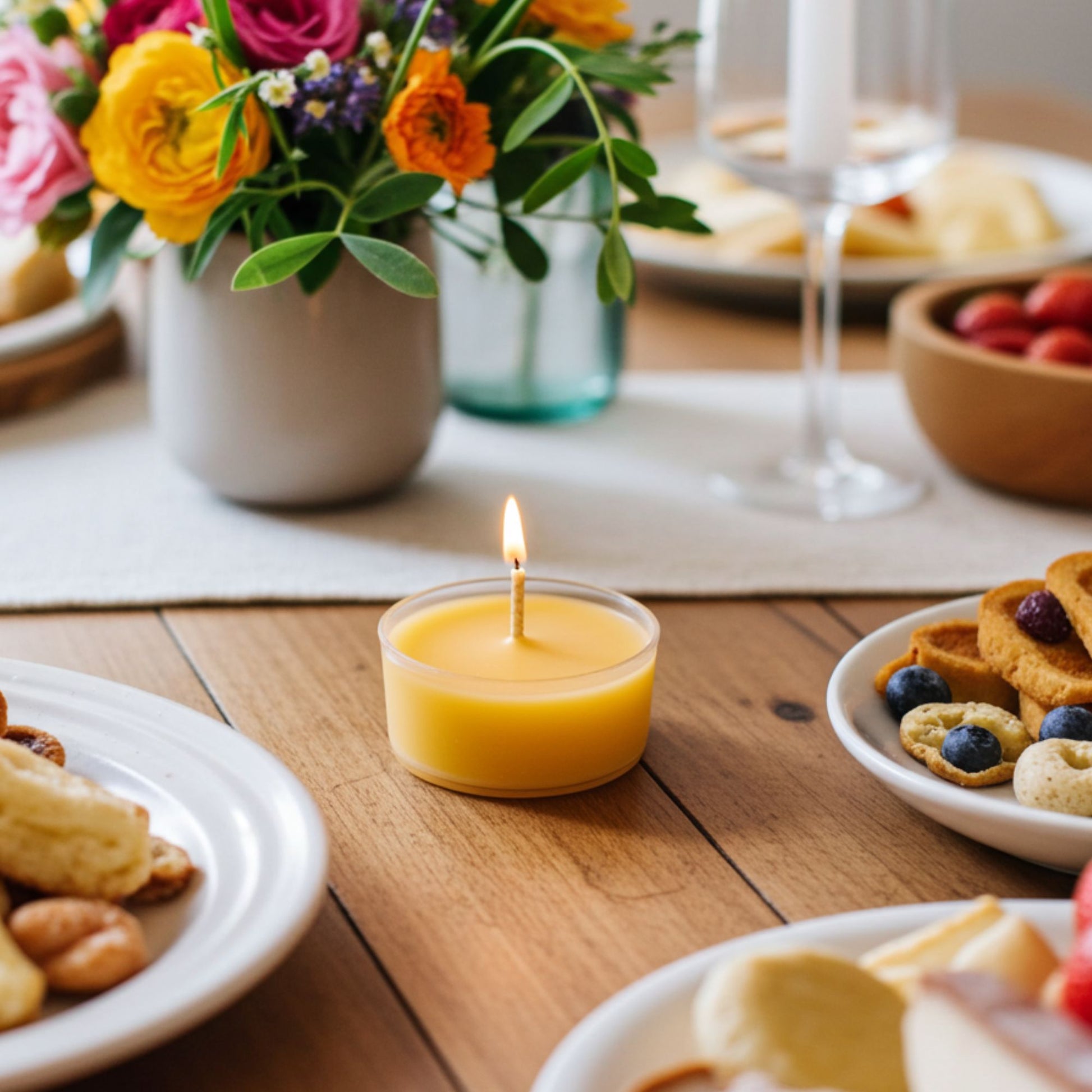 Candle lit table setting with plates of food and a vase of flowers.