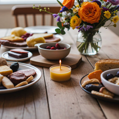 Dessert table with plates of food, a lit candle, and a vase of flowers on a wooden surface.