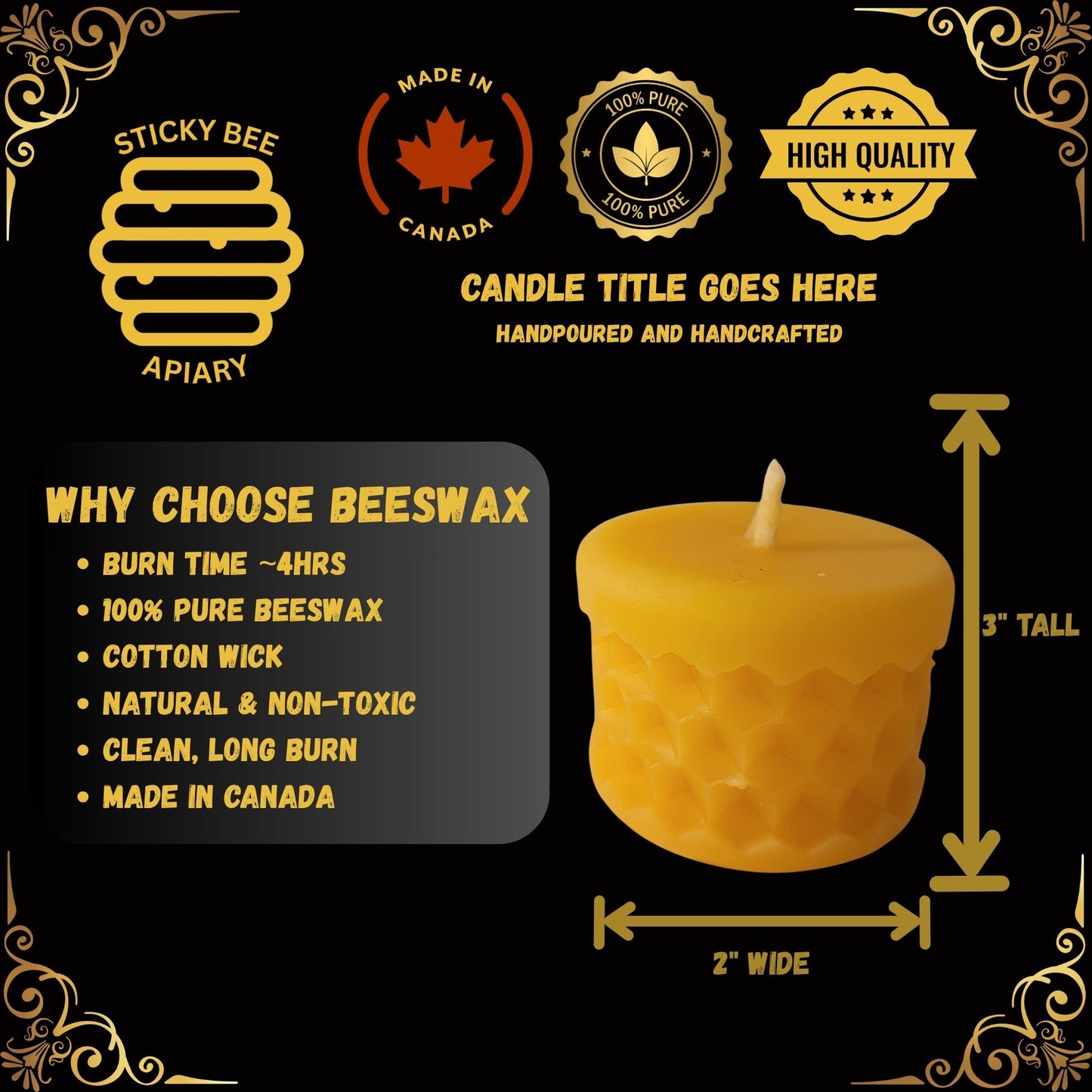 Small honeycomb style beeswax candle with branding and product details on a black background
