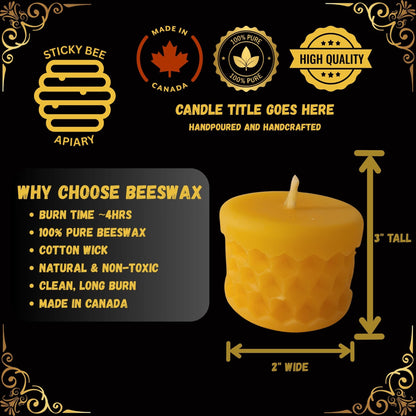 Small honeycomb style beeswax candle with branding and product details on a black background