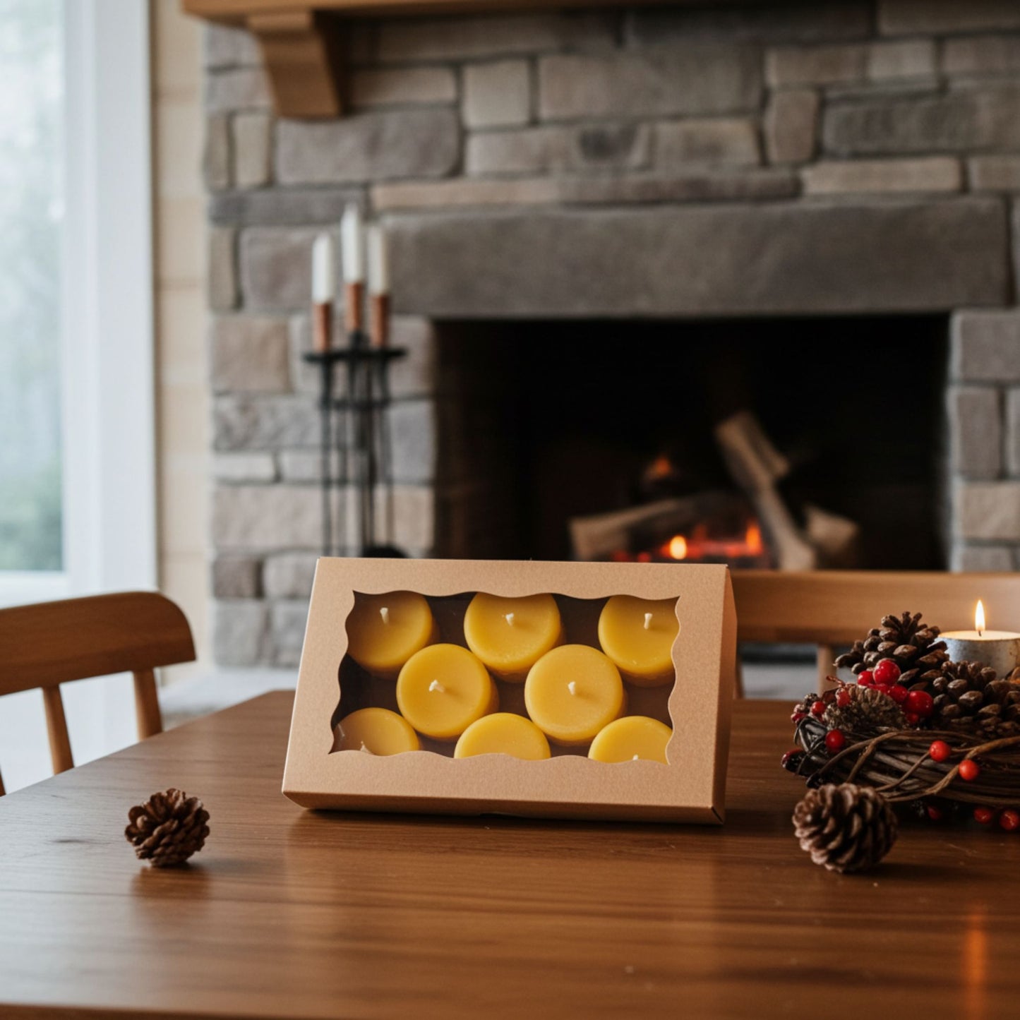 Handcrafted Canadian honeycomb beeswax tealight candles, perfect as a clean-burning gift set