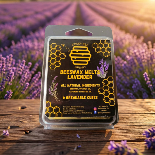 Lavender Beeswax melts packaging with lavender field in the background