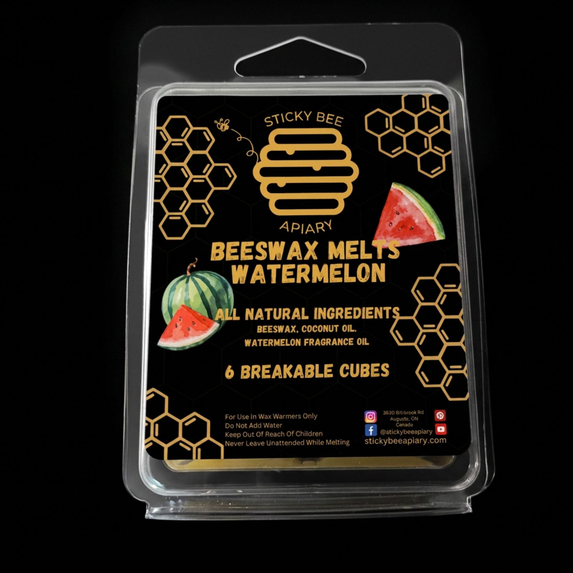 Packaging of Sticky Bee Apiary watermelon scented beeswax melts with watermelon illustrations on a black background.