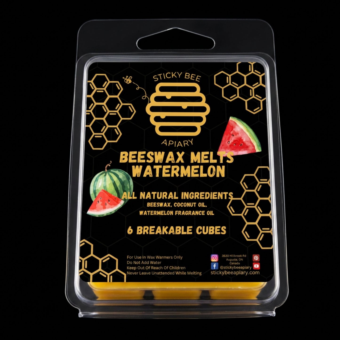 Packaging of Sticky Bee Apiary watermelon scented beeswax melts with black background and yellow text.