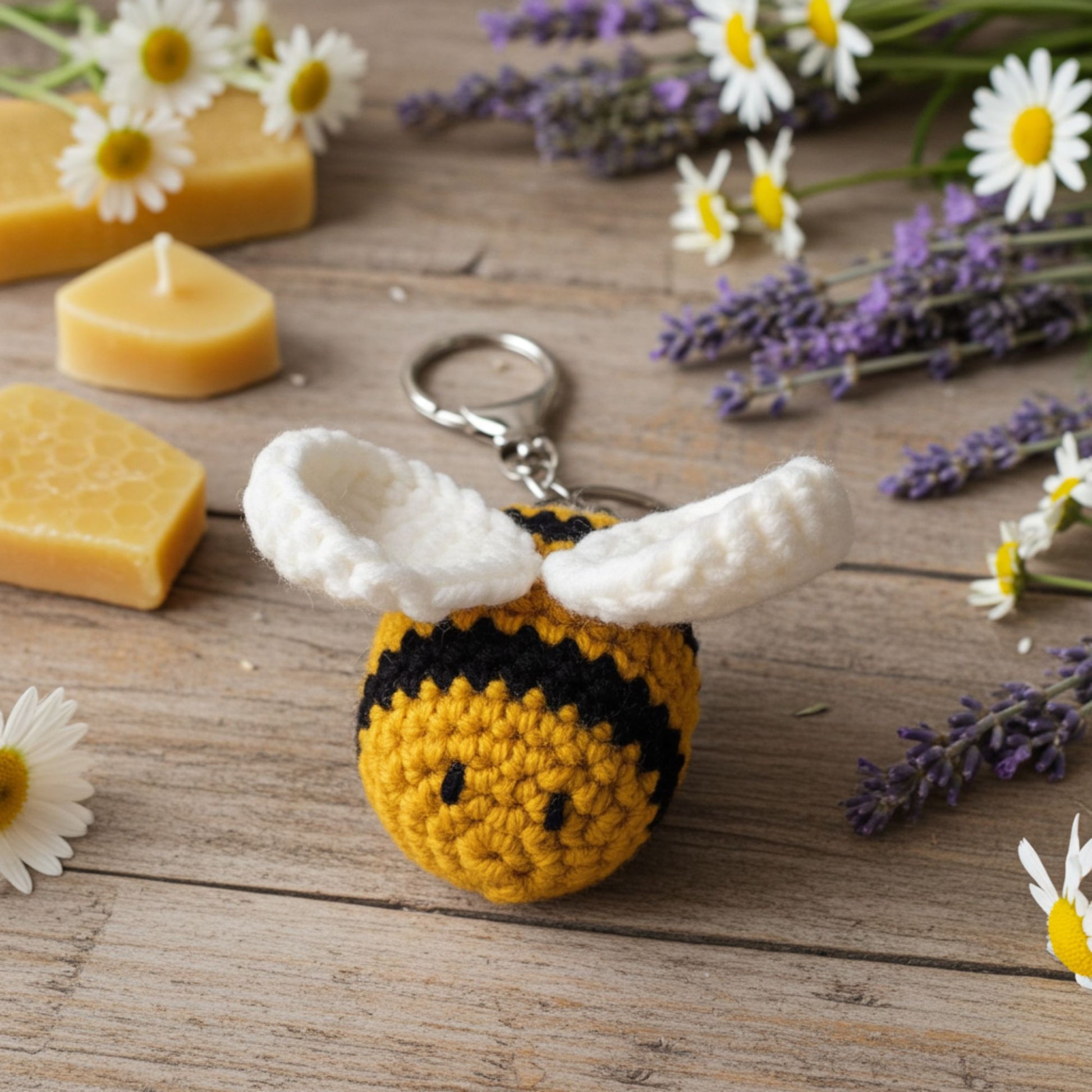 Crocheted bee keychain on a wooden surface with honey and flowers