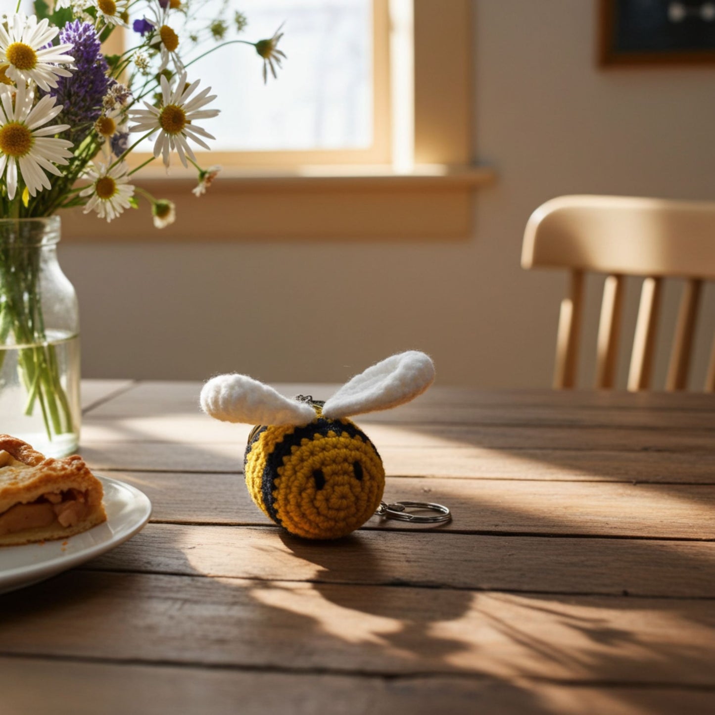Crocheted bee keychain on a wooden table with flowers and a pie in the background