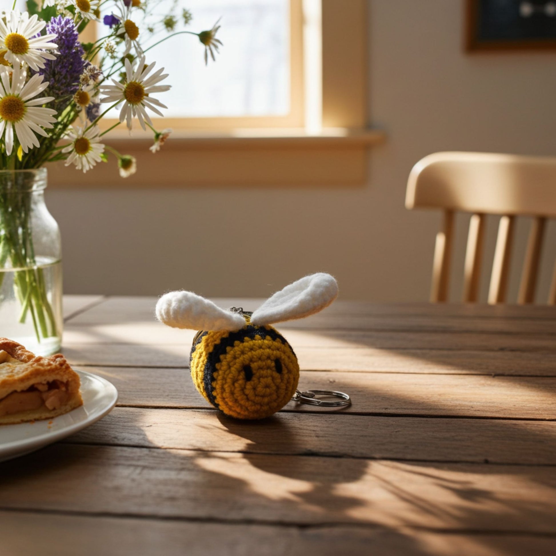 Crocheted bee keychain on a wooden table with flowers and a pie in the background