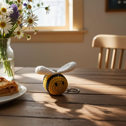 Crocheted bee keychain on a wooden table with flowers and a pie in the background