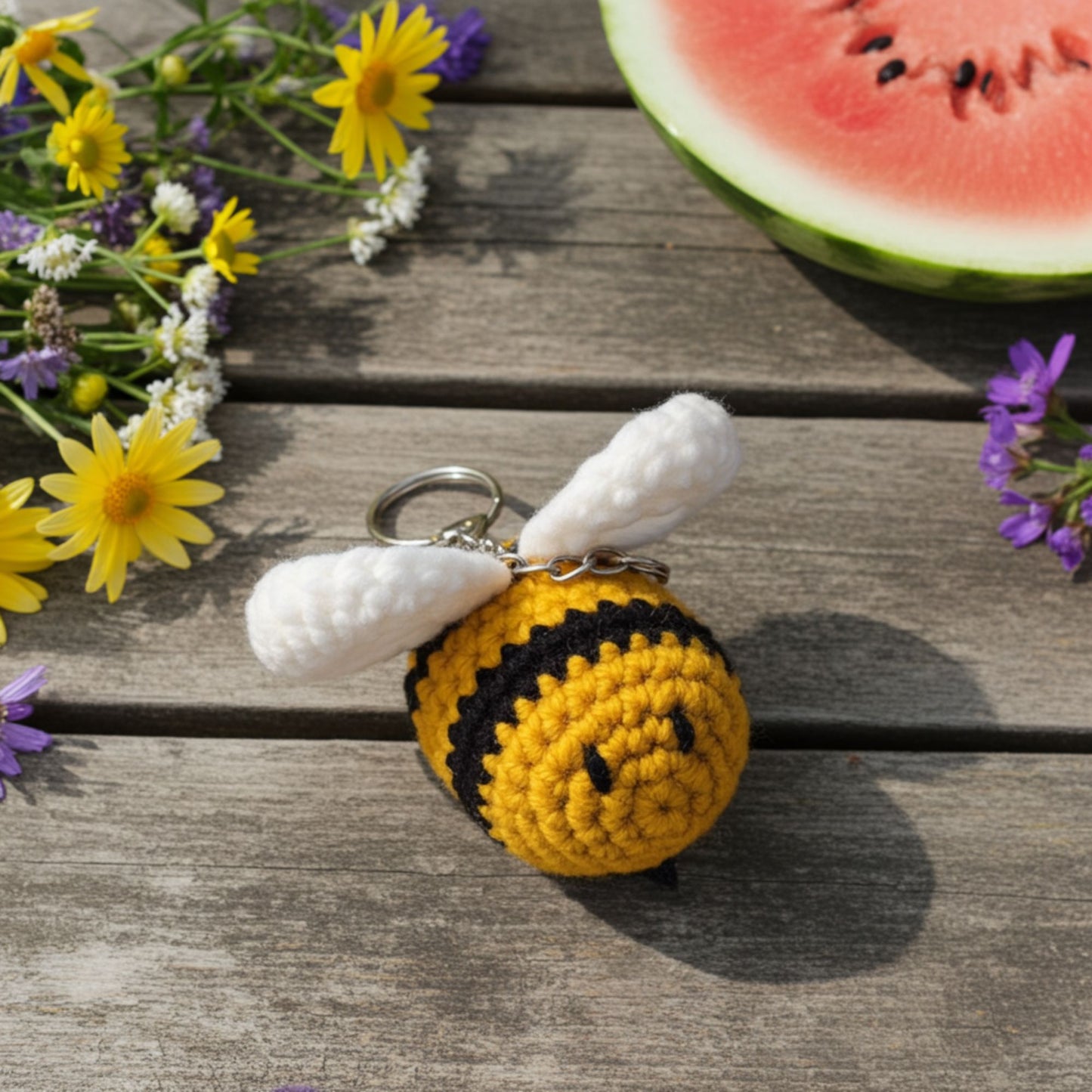 Crocheted bee keychain on a wooden surface with flowers and watermelon.