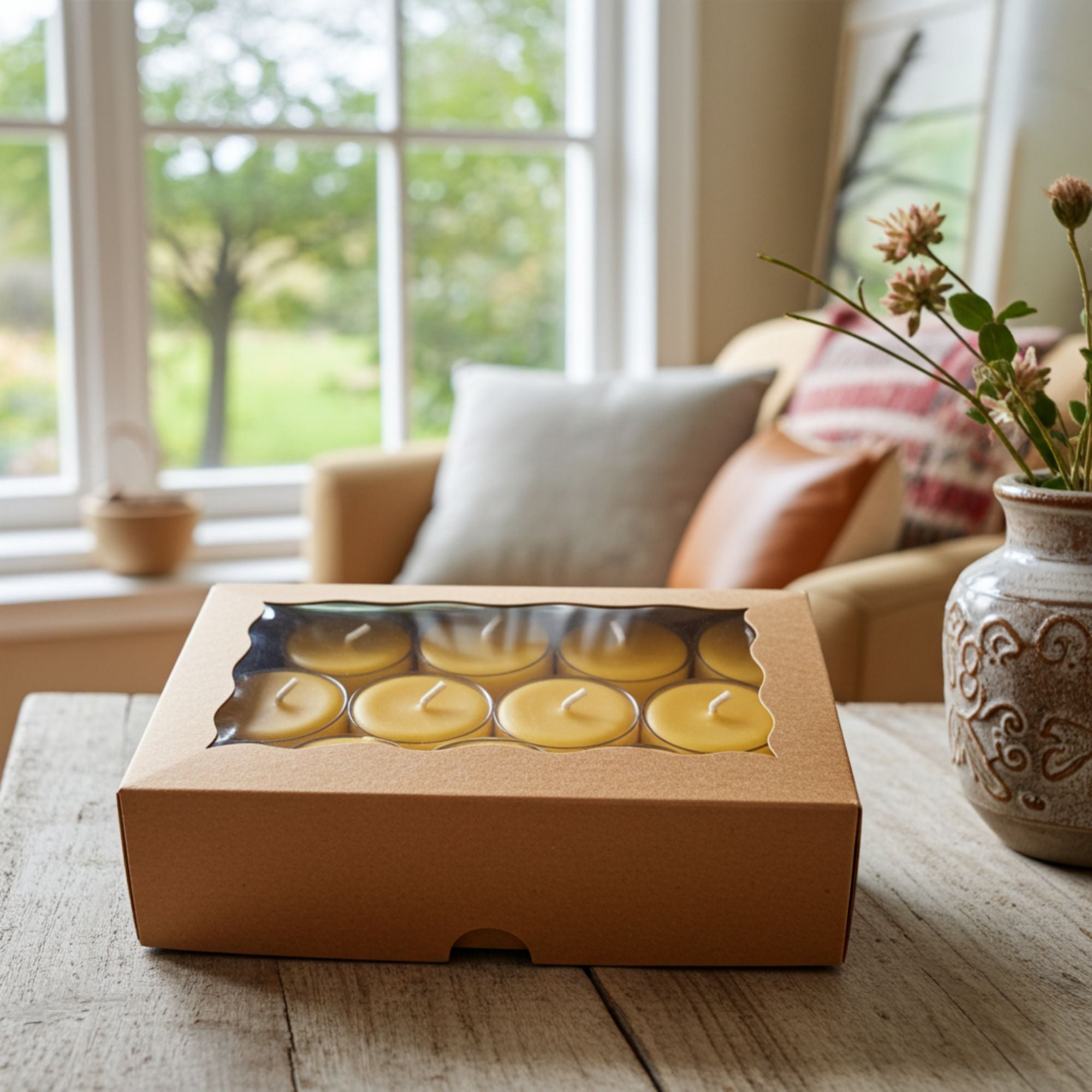 Box of candles on a wooden table with a cozy living room background