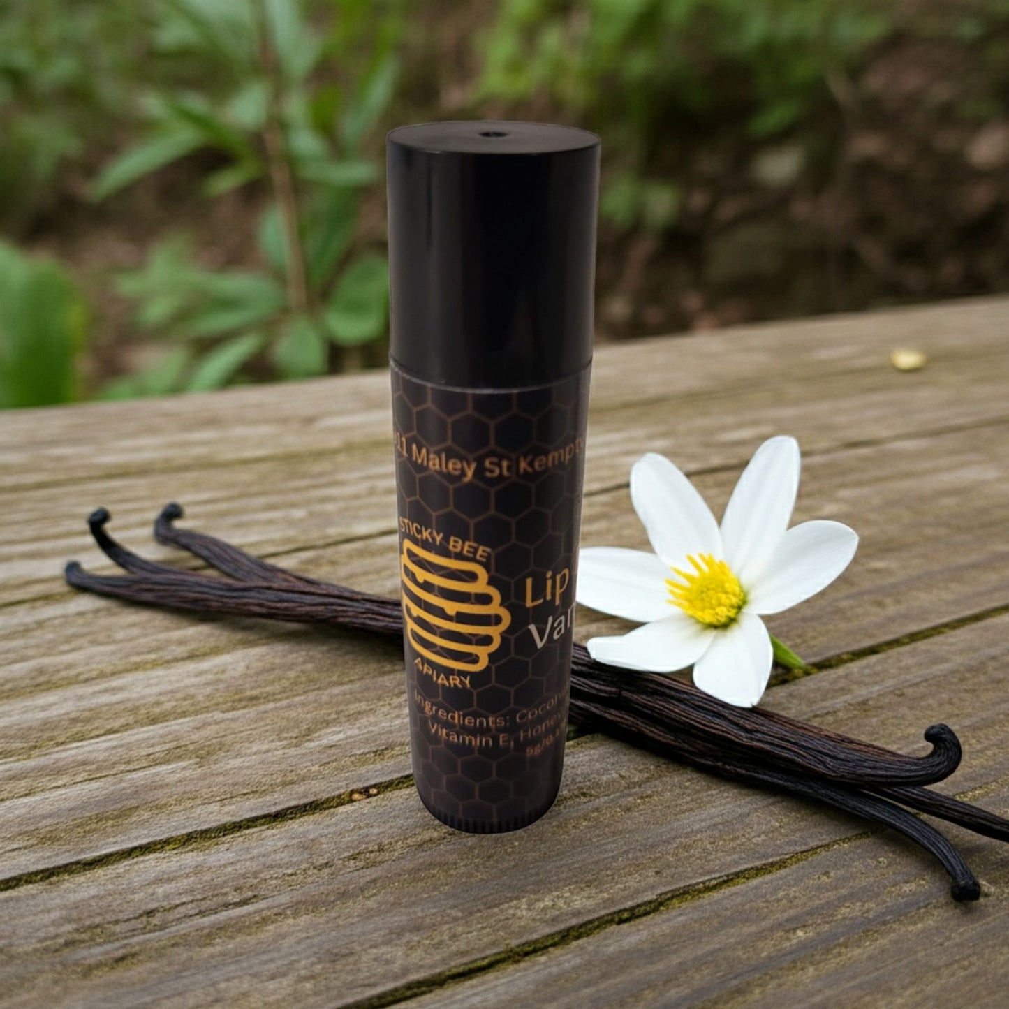Eco-friendly vanilla lip balm made in Canada with pure beeswax and natural ingredients