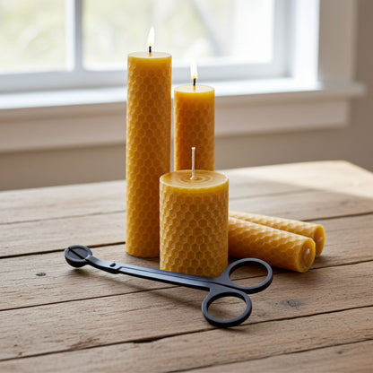 Three beeswax candles with honeycomb pattern on a wooden surface, accompanied by a pair of black scissors.